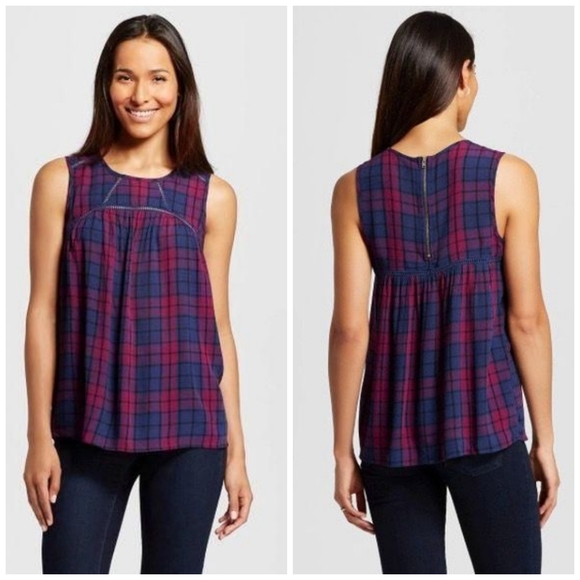 Knox Rose Purple & Blue Chunky Plaid High Neckline Flowy Sleeveless Tank Top - Picture 1 of 13